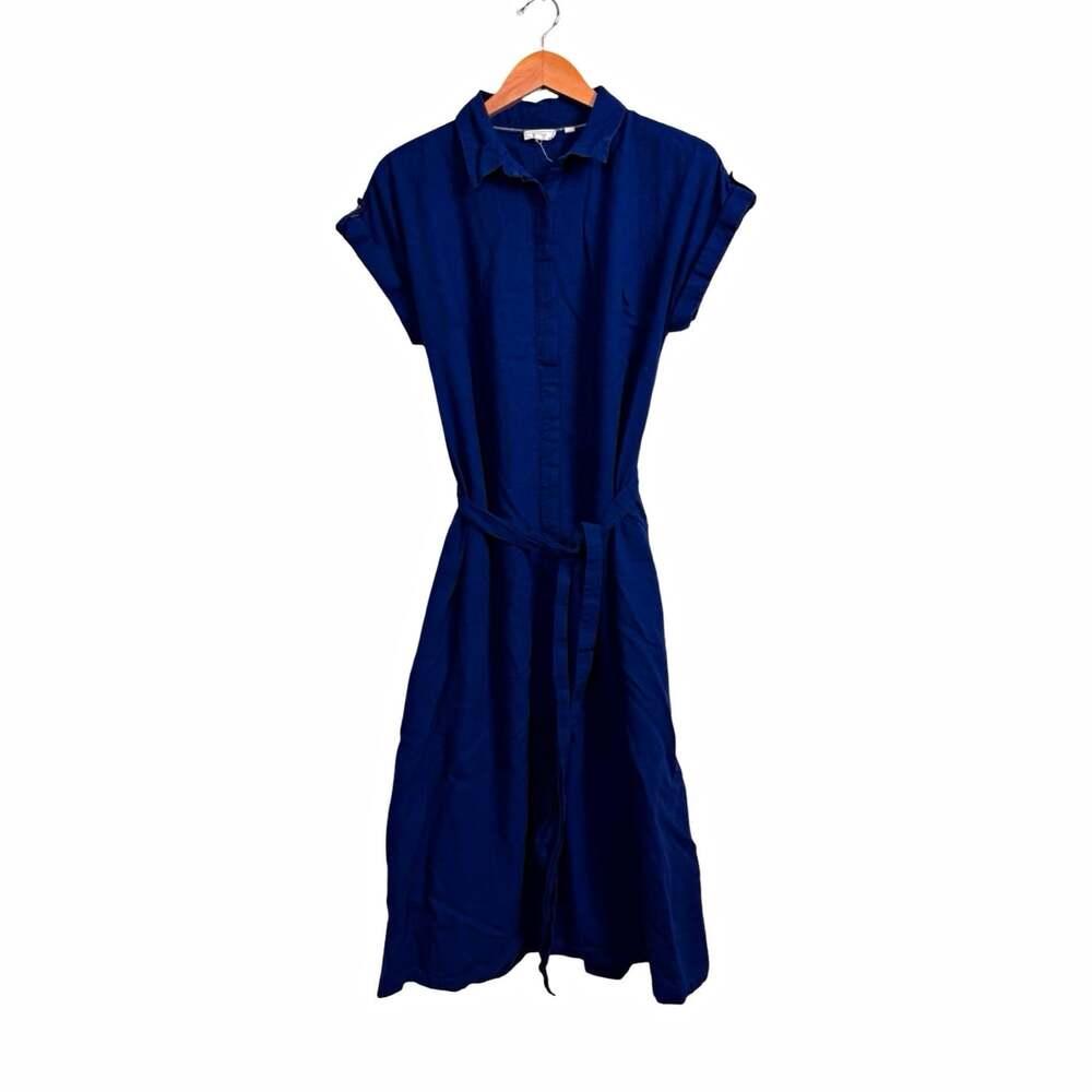 FatFace Shirt Dress Collared Cap Sleeve Belted Midi Linen Navy Blue Size 10